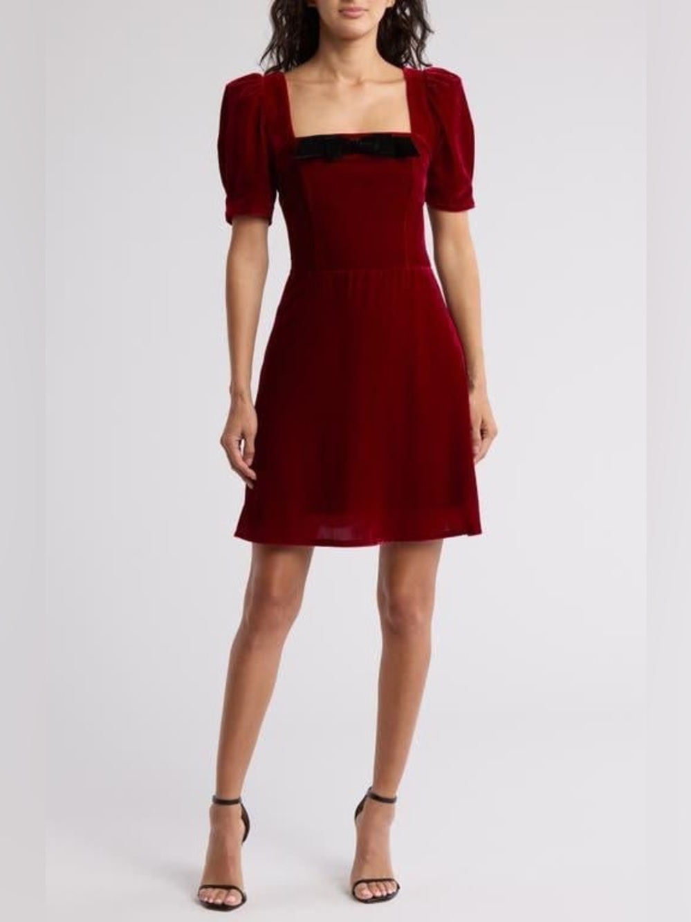 WAYF Velvet Puff Sleeve Dress Red